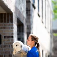 Alumni carrying student's items into the dorm building.